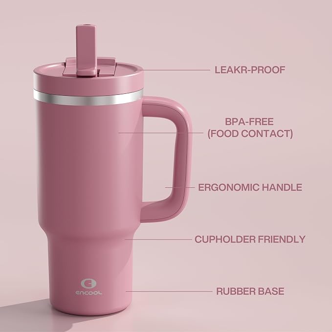 ENCOOL 32 oz Tumbler with Handle and Straw: Stainless Steel Insulated Tumbler - Image 6