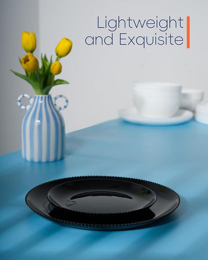 10.5 inch Ribbed Dinner Plate Set of 6, Round Opal Glass Black Dinnerware Plates, Dishwasher and Microwave Safe