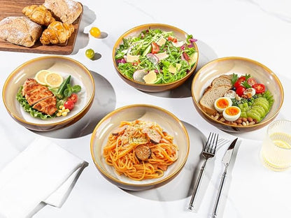 LERATIO 8.5'' Large Ceramic Pasta Bowls, 36oz Pasta Serving Bowls Set of 4 for Kitchen, Wide Bowls for Fruit,Pasta,Salad,Oatmeal,Meal, Microwave Safe, Reactive Glaze-Kahki