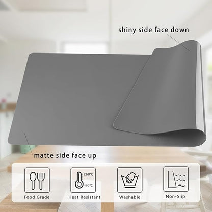 Silicone Placemats, Food-Grade Non-Slip Waterproof, Dining, Stain Resistant, Countertop Protector, Kitchen Counter Mat, Heat Resistant, Baking mat Dishwasher Safe (25.6"×17.7"-1pack Thicken, Gray)