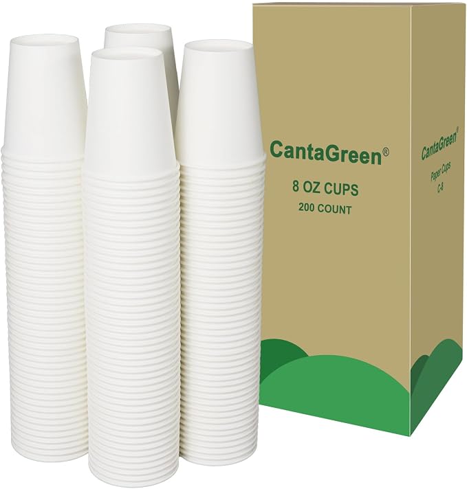 CantaGreen 200 Count 8 OZ Heavy-duty White Paper Coffee Cups, Disposable Hot by CantaGreen