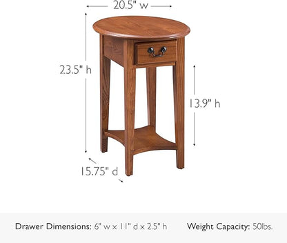 Haven Ridge Solid Wood Oval Side Table with Drawer and Shelf, Medium Oak Brown, Perfect for Living Rooms, Bedrooms, and Small Spaces – Leick Home, 9042-MED