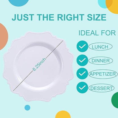 COLOSUS 100pcs 7.5 Inch White Plastic Dessert Plates,Heavy Duty Disposable Appetizer Plates,Premium Plastic Salad Plate,Fancy Disposable Cake Plate for Party, Thanksgiving and Everyday Use