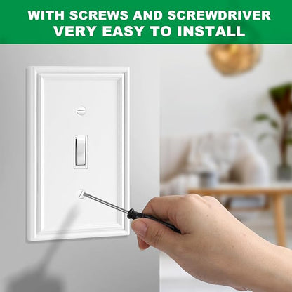 White Modern Decorative Wall Plate Light Switch Cover Decorator Outlet Covers Rocker Switch Plates Bamboo Fiber Material Wall Plates for Kitchen Bathroom (1 Gang Single Toggle-4 Pack)