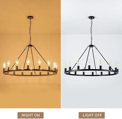 16-Light Black Wagon Wheel Chandelier, 40 inch Farmhouse Chandelier Dining Room, Round Rustic Chandeliers, Vintage Ceiling Hanging Pendant Light Fixture for Kitchen Island Living Room Bedroom Foyer