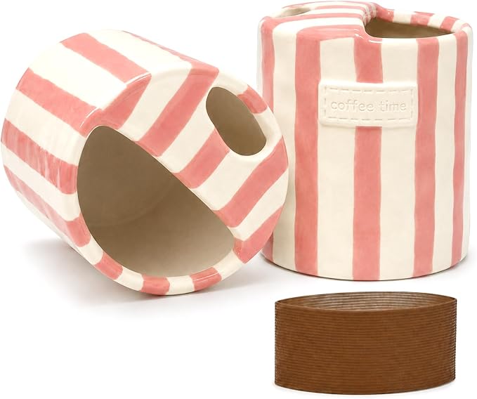 Ceramic Coffee Mug with Sip Hole, 12oz Striped Ceramic To Go Coffee Cup by KOIMYSA