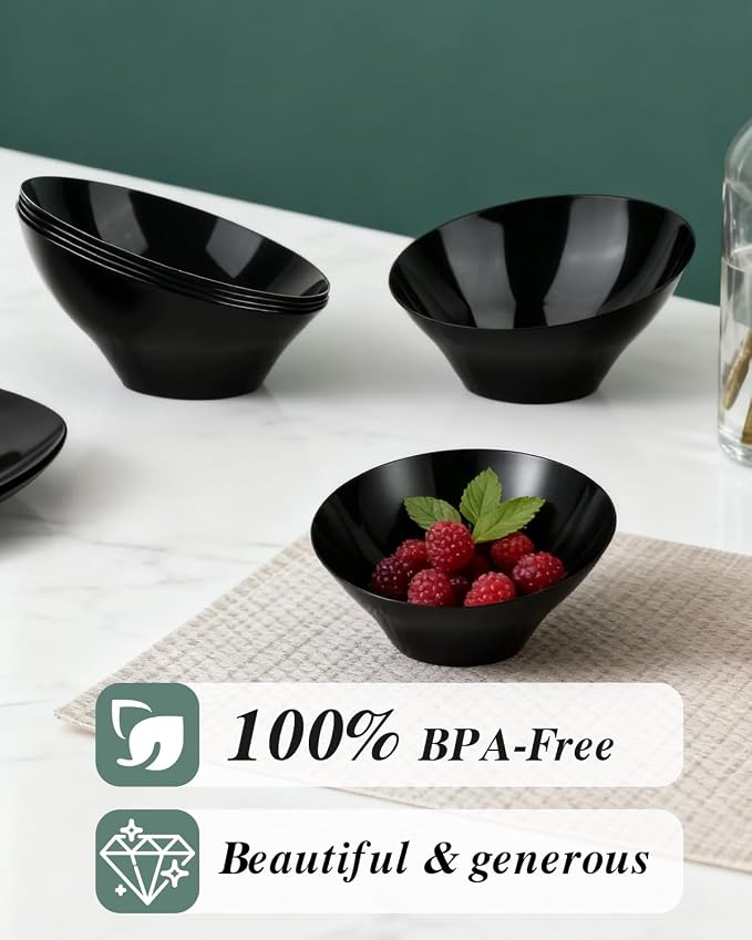 BESTVIP 20 Oz Black Plastic Angled Serving Bowls, 12 Pack | Disposable Bowls - Image 4