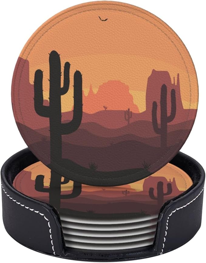6 Pcs Desert Sunset Cactus Leather Coasters - Image 2