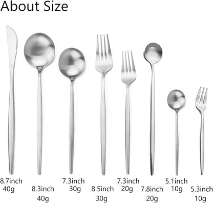 JASHII 32-Piece Tableware Set Stainless Steel Flatware Set with Coffee Spoon Long Handle Spoon Premium Cutlery Service for 4 Satin Finish Utensils for Home (Silver)