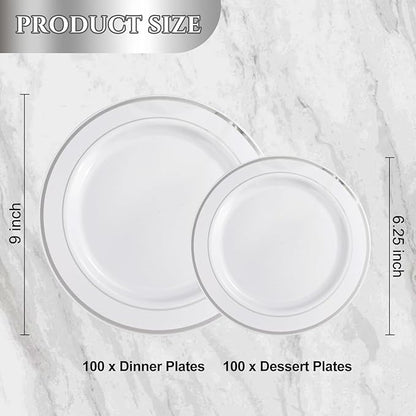 NOCCUR 200PCS Silver Plastic Plates Disposable for 100 Guests - Include 100 Dinner / 100 Dessert Plates Heavy Duty - Ideal for Party/Wedding/New Year