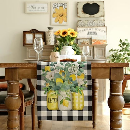 Black Buffalo Check Summer Table Runner 72 Inch, Lemon Vase Spring Farmhouse - Image 4