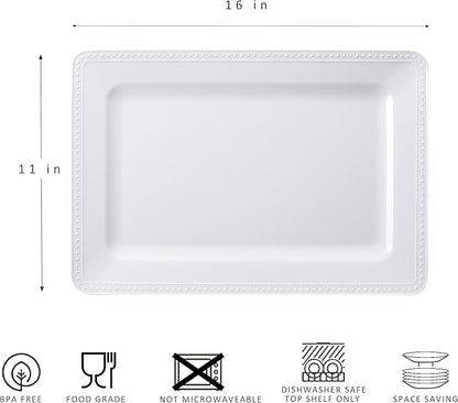 Melamine Beaded Serving Platters for Appetizer, Veggie, Charcuterie,Dessert, Set of 4, White Serving Trays for Party & Entertaining, Large Unbreakable Rectangular Party Platters, Dishes