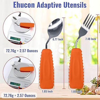 Adaptive Utensils for Hand Tremors,Weighted Utensils with Non-Slip Handle to Easy Grip for Elderly Use(Left Hand 1 pc Fork+1 pc Spoon=2 pcs,Orange)