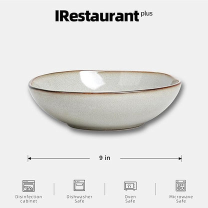 Organic Shape Highland Ceramic Serving Bowl, 12pcs 9 Inch Handmade Reactive Glaze Stoneware 40oz Bowl with Wavy Edge, for Kitchen, Microwave & Dishwasher Safe, Scratch Resistant-grey