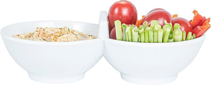 Restaurantware Voga 8.5 Ounce Divided Serving Dishes 10 Round Condiment Serving Dishes - 2 Compartments Serve Appetizers Snacks Dips Or Dressings White Melamine 2 Compartment Dishes