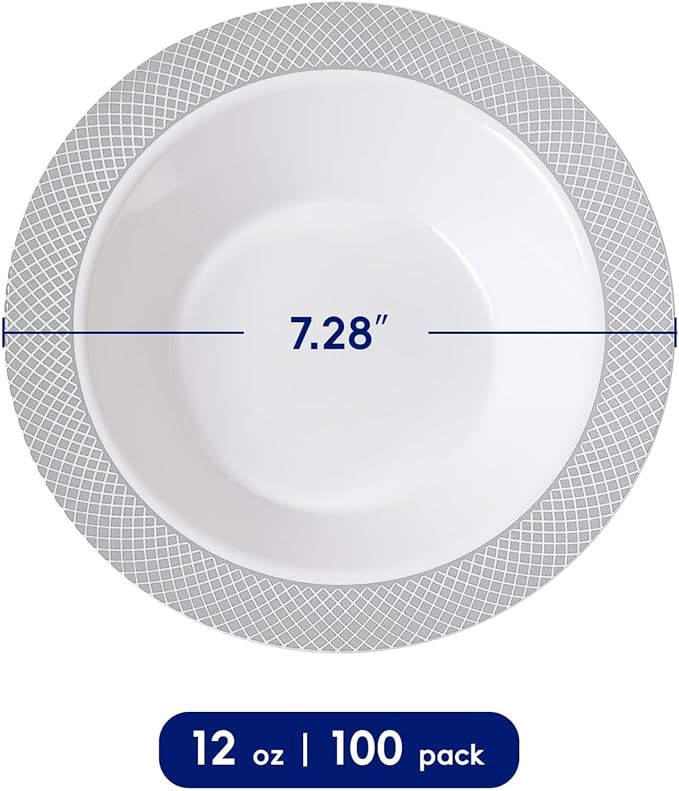 Plastic Bowls with Silver Grid Rim Disposable 12oz Bolws 100Pack | Disposable - Image 2