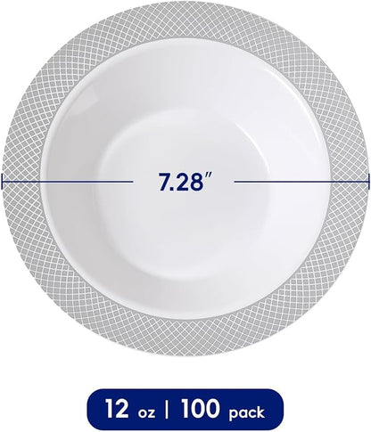 Plastic Bowls with Silver Grid Rim Disposable 12oz Bolws 100Pack | Disposable - Image 2
