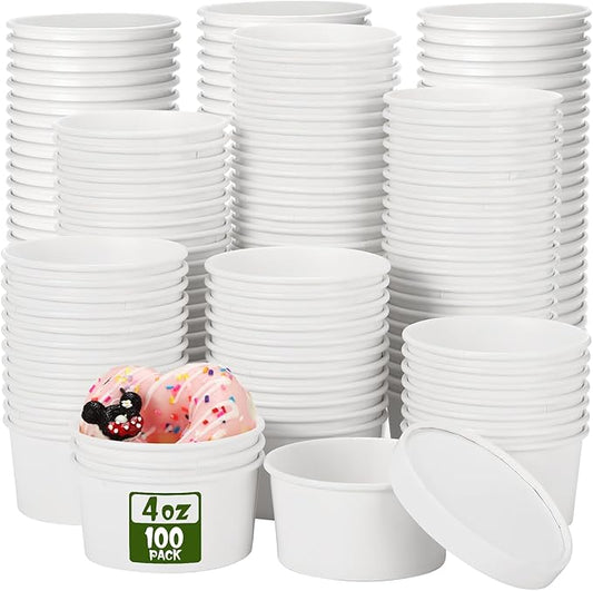 Fulmoon 100 Pack Paper Soup Containers with Lids Disposable Paper Food Containers with Vented Lid Kraft Ice Cream Cake Dessert Cups Soup Bowl for Party Hot Food Fruit Microwave(4 oz,White)