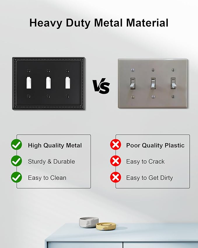 2-Pack Triple Toggle Light Switch Cover Plate, Pearls Decorative Switch Plate Covers, Black 3 Gang Metal Wall Plate, Corrosion Resistant