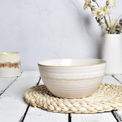 Bosmarlin Ceramic Cereal Bowl Set of 4, 26 Oz, Soup Bowl for Oatmeal, Salad, Dishwasher and Microwave Safe, Reactive Glaze (Beige, 6 in)