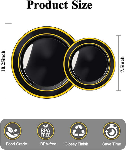 BESTSTAR 100PCS Black Plastic Plates Set with Gold Rim, 50 10.25 inch Dinner Plates and 50 7.5 inch Dessert Plates, Premium Disposable Plates forfor Party, Wedding, Holiday,And Halloween