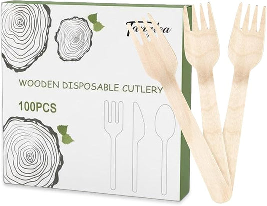 100 Pack Disposable Wooden Forks – 6.2 Inch Splinter-Free Birch Cutlery – Sturdy Natural Wood Utensils for Weddings, BBQ, Parties & Camping – Smooth Unwaxed Alternative to Plastic