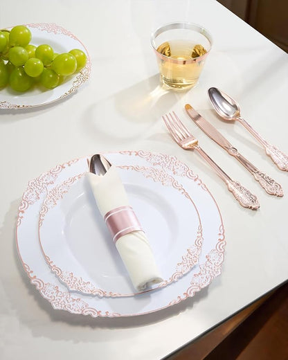 Goodluck 350 Piece Rose Gold Plastic Dinnerware Set for 50 Guests,Fancy Disposable Plates,Include: 100 Rose Gold Rim Plastic Plates,150 Silverwares,50 Pre Rolled Napkins,50 Cups for Party,Wedding