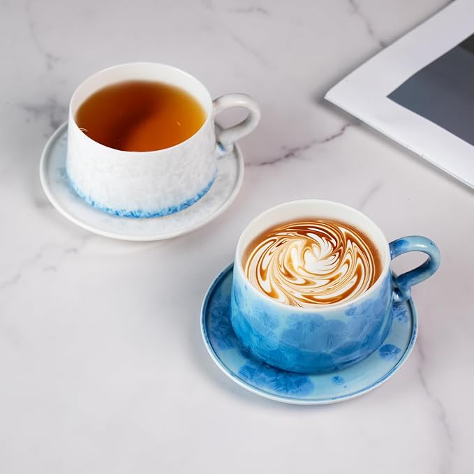 KAMMAK Tea Cups and Saucers Set of 2, 7.5 oz Glaze Coffee Mugs, 724N | - Image 3