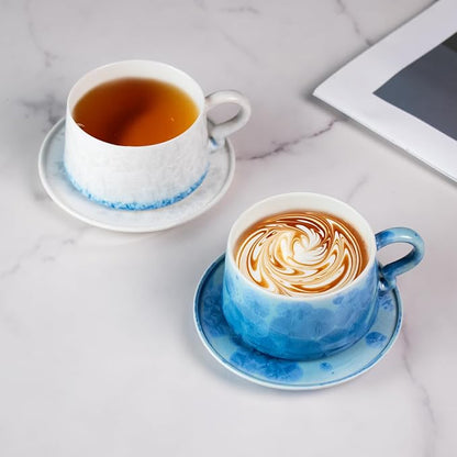 KAMMAK Tea Cups and Saucers Set of 2, 7.5 oz Glaze Coffee Mugs, 724N | - Image 3