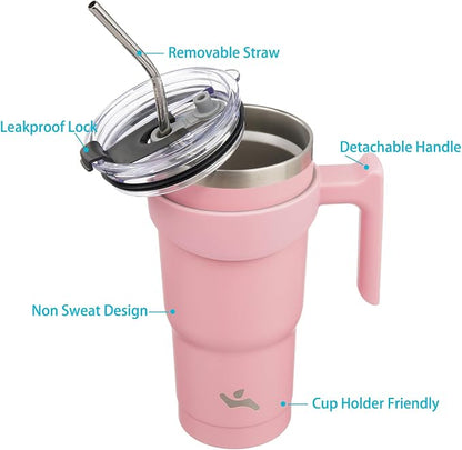 Konokyo 20 oz Tumbler with Handle and Straw, Insulated Travel Mug | Light Pink; - Image 2