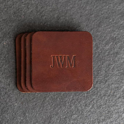 Ox & Pine Personalized Leather Coaster - Sold Individually or in Sets of 4 - Customize Inscription - 100% Full-Grain Leather – 4" Round or 4" Square (Square, Harvest, Set of 4 Coasters)