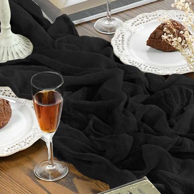 Artoid Mode Boho Cheesecloth Gauze Black Wedding Table Runner, 120 Inch - Image 6