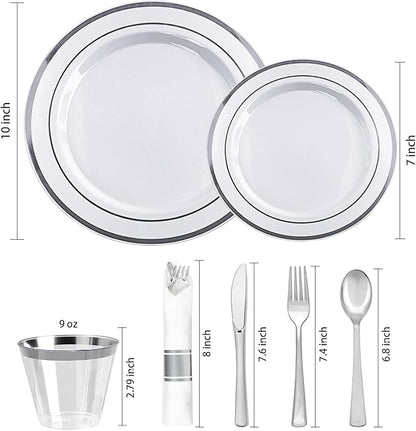 350 PCS White and Silver Plastic Dinnerware Set for 50 Guests, 100 Disposable Plates for Party, 50 Pre Rolled Napkins with Silver Silverware, 50 Cups