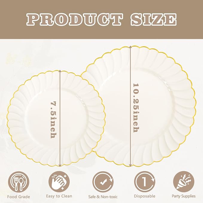 YOUBET 60PCS Ivory Scalloped Plastic Plates - Image 2