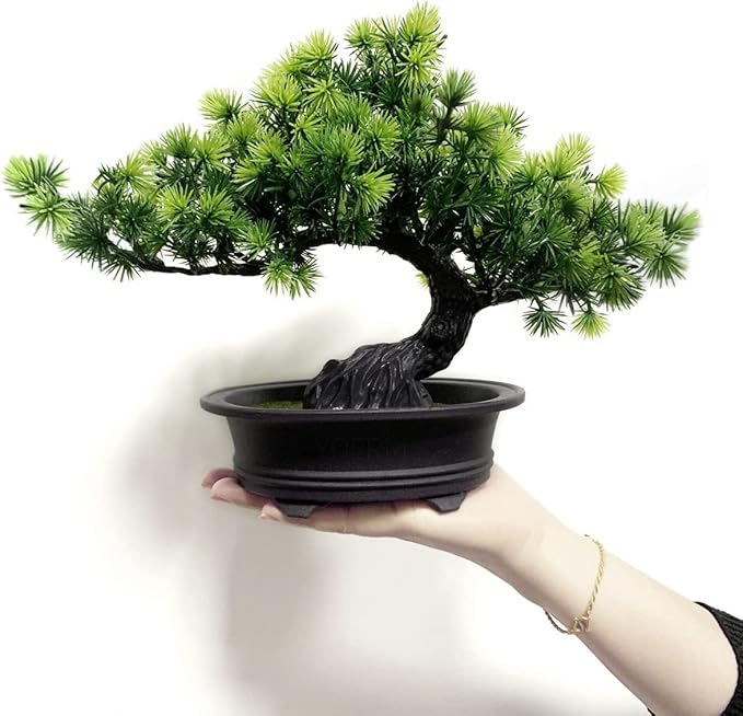 Artificial Bonsai Tree Fake Plants for Home Decor, Living Room Bathroom Bookshelf Entryway Table Wall Shelf Modern Farmhouse Decor, 9.5" Tall, Green