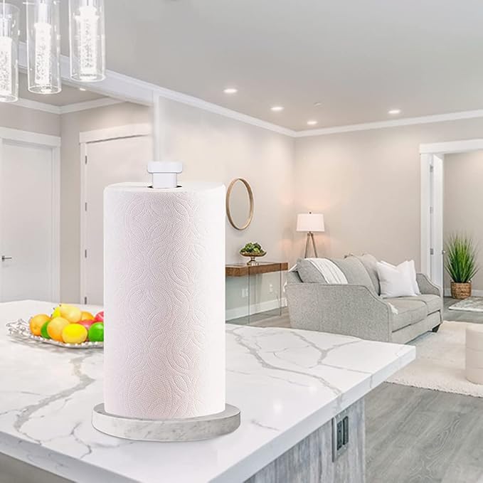 Paper Towel Holder Countertop, Standing Paper Towel Roll Holder for Kitchen Bathroom, with Weighted Marble Base for One-Handed Operation (White), White Marble Paper Towel Holder
