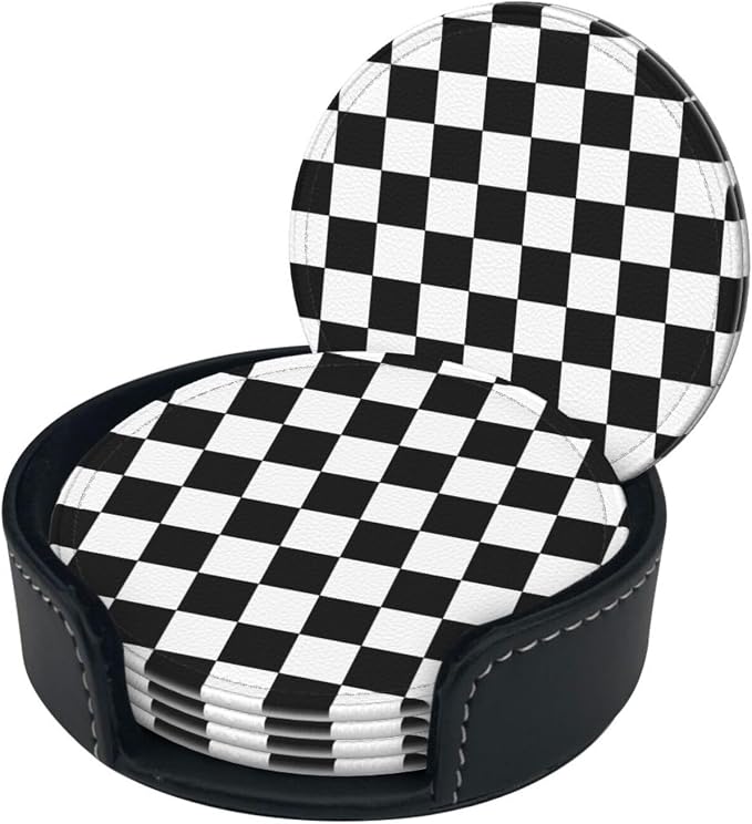 Black Checkered Leather Coasters Set of 6 - Image 6