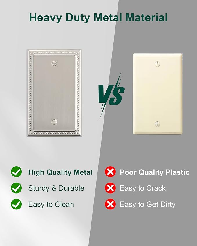 2-Pack Blank Outlet Cover Wall Plate, Metal Switch Plates Outlet Covers, Brushed Nickel Pearls Beaded Decorative Wall Plates