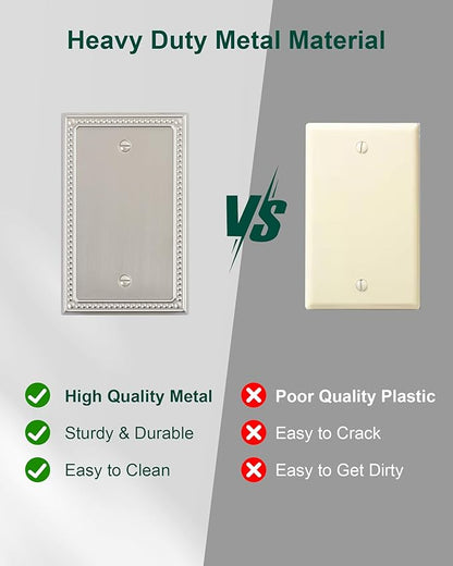 2-Pack Blank Outlet Cover Wall Plate, Metal Switch Plates Outlet Covers, Brushed Nickel Pearls Beaded Decorative Wall Plates