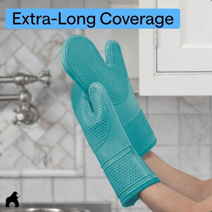 GORILLA GRIP BPA-Free Soft Silicone Oven Mitts, 14.5x8.3, Heat Resistant and Waterproof Cooking Gloves, Thick Cotton Lining, Flexible Gripping for Baking Grilling, Kitchen Potholders Set, Turquoise
