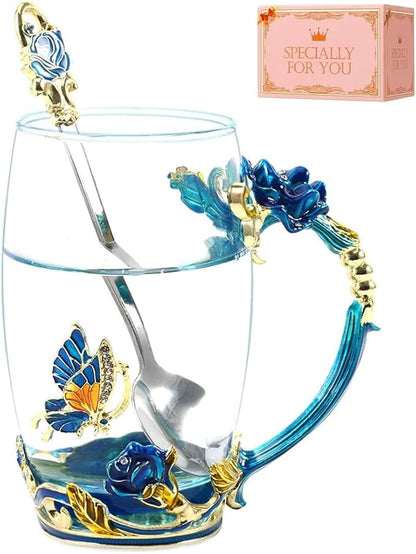 Birthday Gifts For Women, Butterfly Flower Glass Tea Cup Sky Blue Rose Coffee by DasyFly