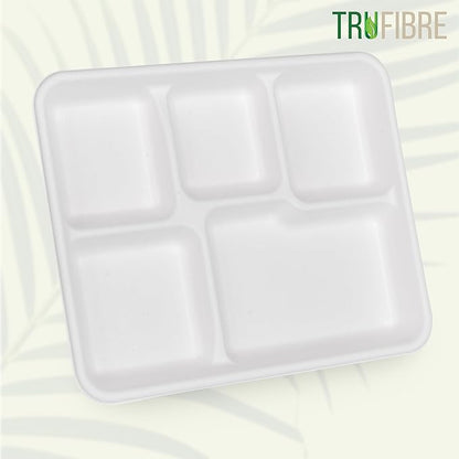 5 Compartment Plates, 100% Natural Disposable Biodegradable Plates, Lunch Trays for Cafeteria, Food, Meals, Dinner, Bulk, 10.35x8.35 Inch,125 Pack