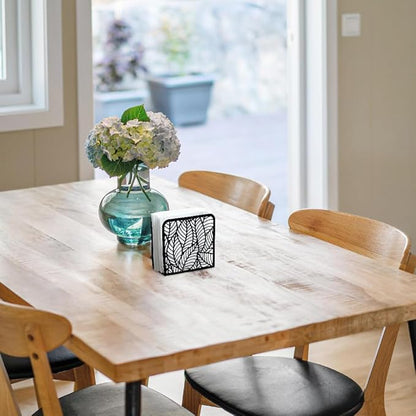 Morden Leaf Decorative Black Metal Napkin Holder for Table, 4.9" x 4.9" x 1.9" Standing Napkin Holder for Home Kitchen Restaurant Picnic Party Coffee Bar Dining Room