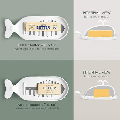 DOWAN Porcelain Butter Dish With Cutting Measuring Line, Large Whale Butter Dish with Cover of Non-slip Design, Ceramic Butter Dishes with Handle for East/West Coast Butter, Soft White
