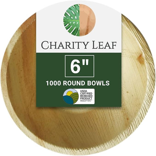 Charity Leaf Disposable Palm Leaf 6" Round Bowl (1000 pcs) Dipping Bowls | Bamboo Like| All Natural and Biodegradable | Charcuterie Boards, BBQs, and Parties