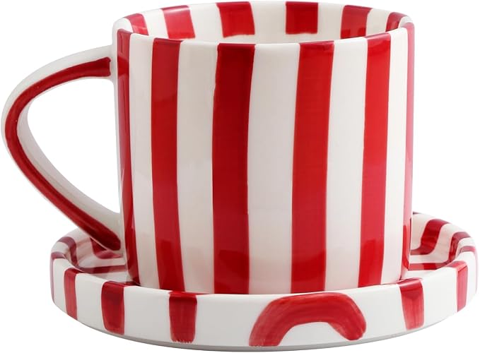 Cup and Saucer Set Hand-Painted Red Stripes, 8 Oz Ceramic Coffee Mug, Espresso by Unknown