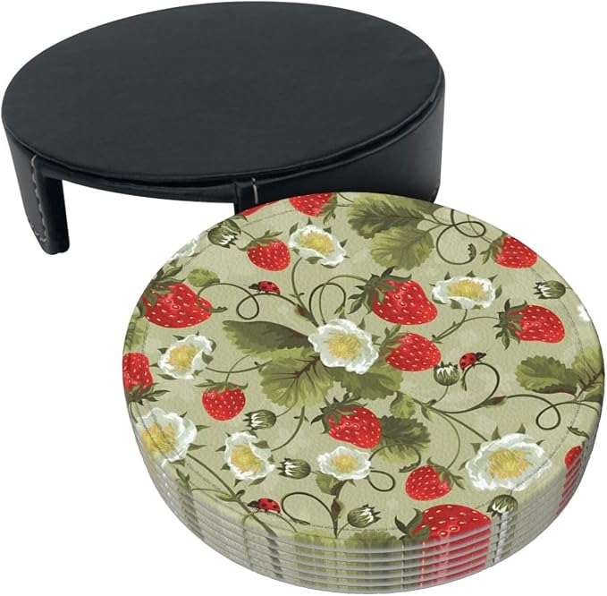 6 Pcs Strawberry Ladybug Leather Coasters - Image 3