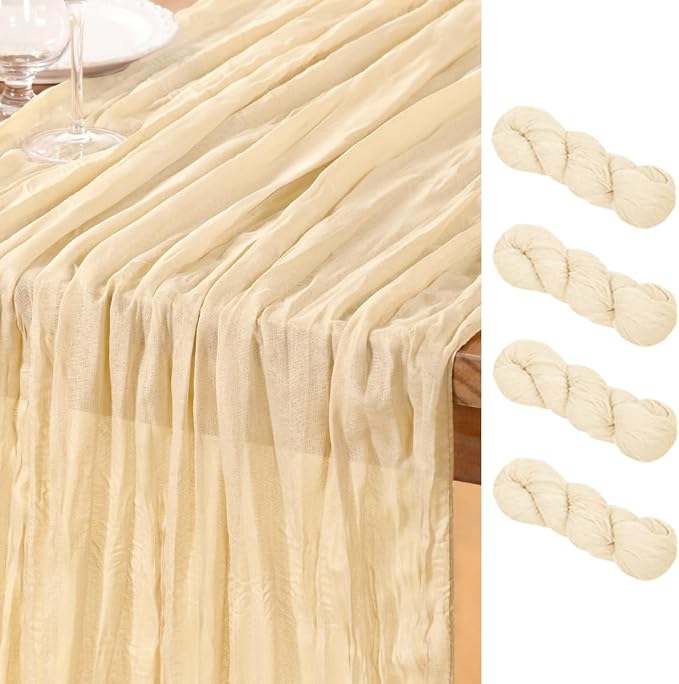 DeZerlor Beige Cheesecloth Table Runners 4 Pack Summer Boho Runners | 120Inches by DeZerlor
