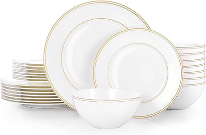 24Pcs Gold Trim White Bone China Set, Service by KINGSTONE
