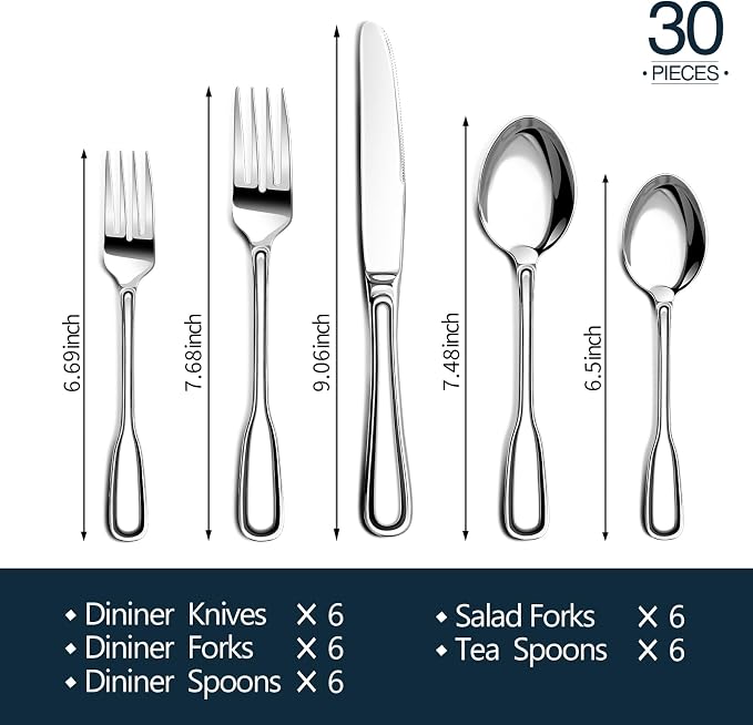 Silverware Set for 6, 30 Piece Boston Style Stainless Steel Flatware Set | - Image 6